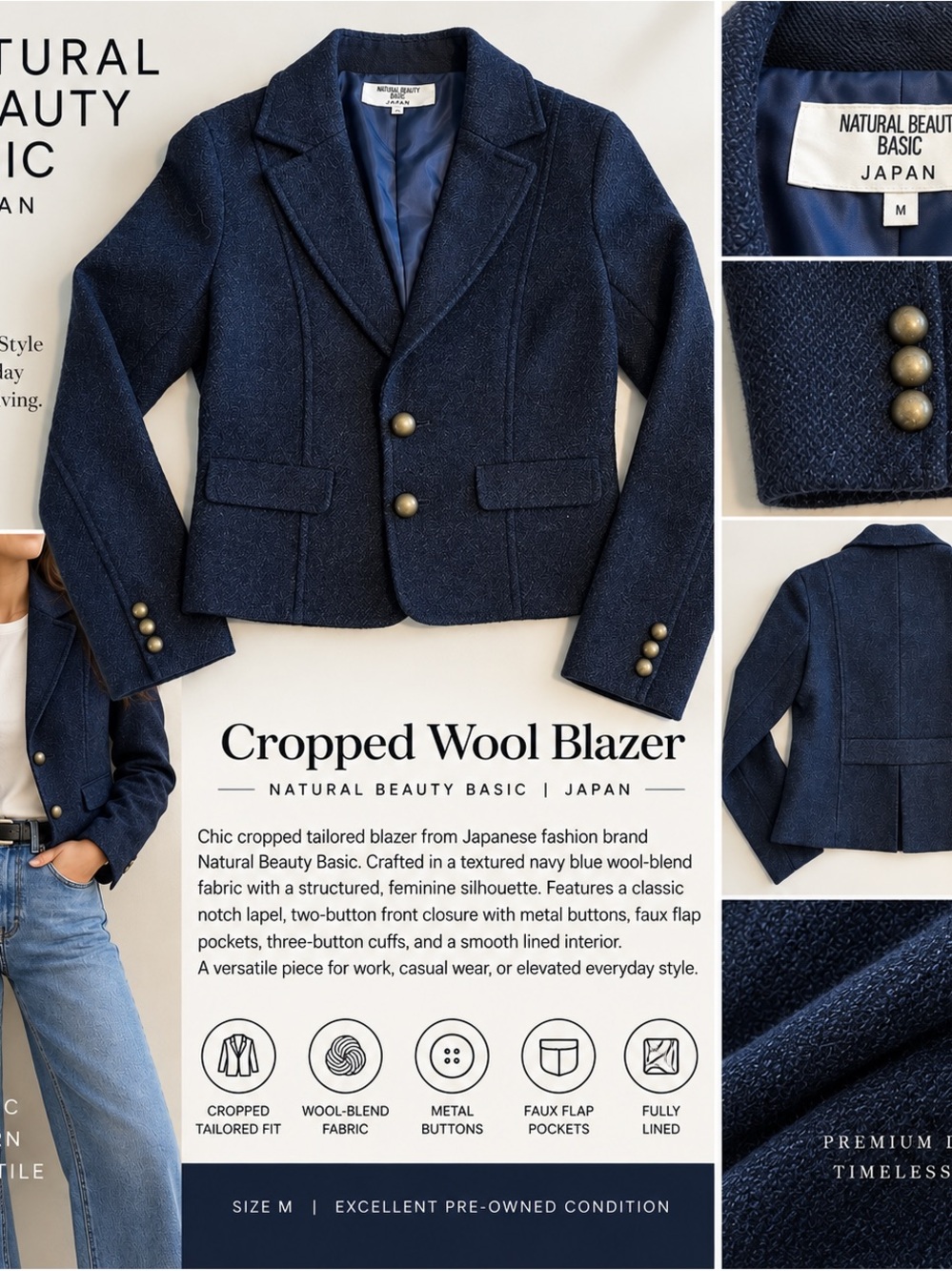 Cropped Wool Blazer in Navy | Natural Beauty Basic Japan